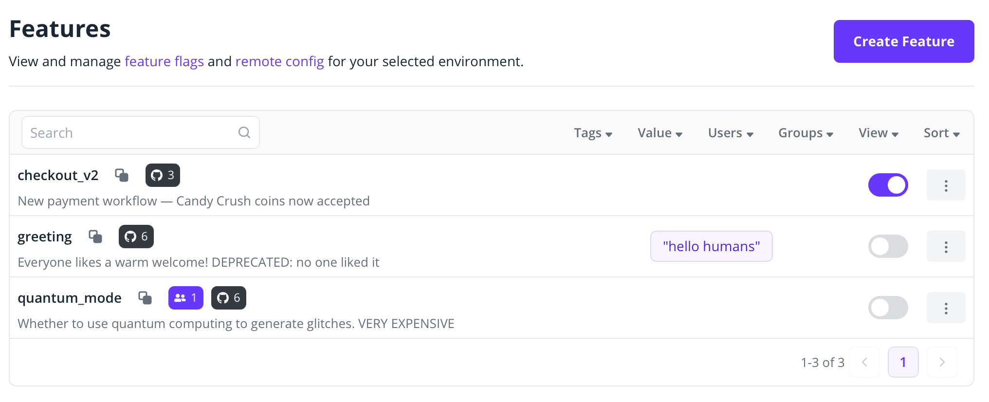 Code References badges displayed in the Features list, each containing a count of references of that feature